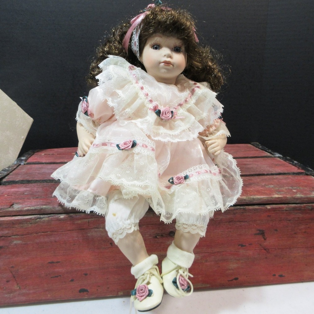 VTG Porcelain Doll 12" Pink Lace Dress Roses Brunette Curls Blue Eyes